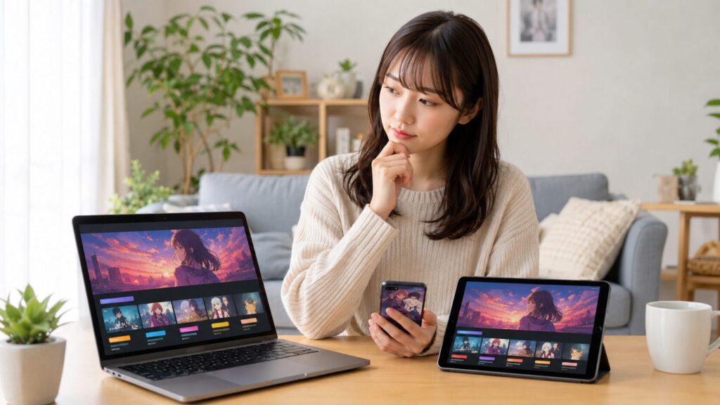 複数端末でアニメ配信サービスを比較する日本人女性