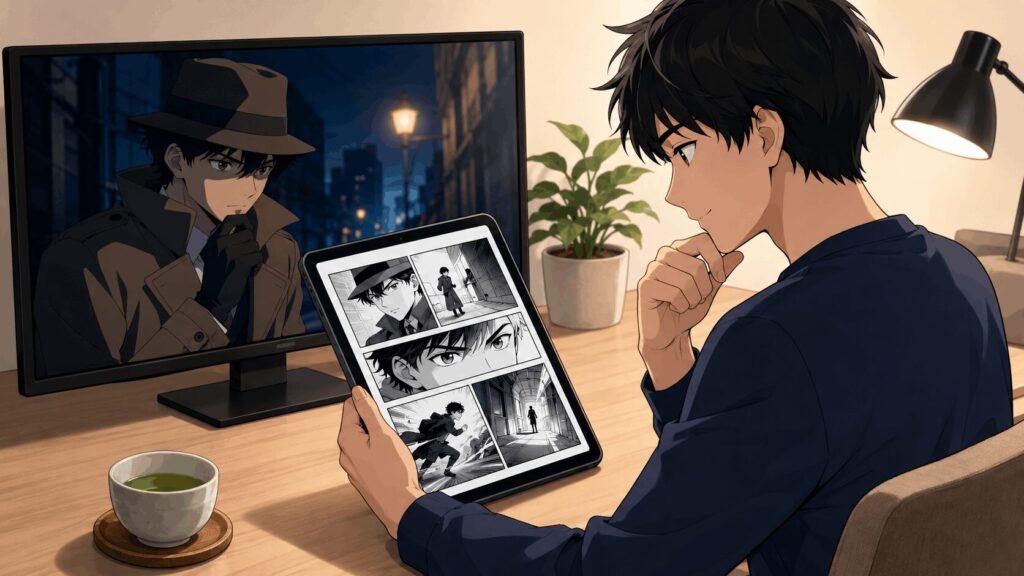 名探偵コナンのアニメと漫画を見比べて伏線を確認するイメージ