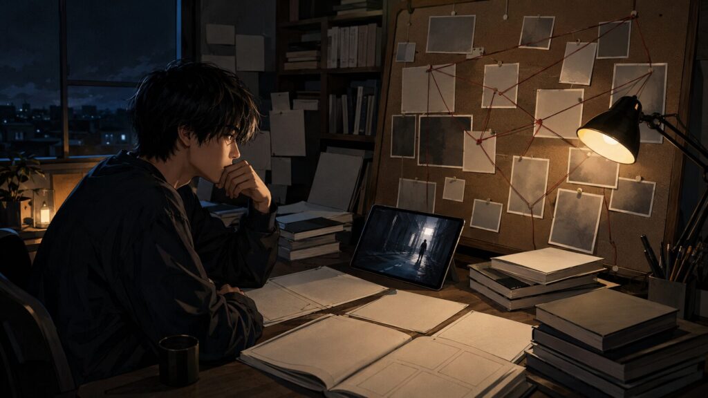 未放送の原作回や伏線を調べるため資料と相関図を確認する日本人男性
