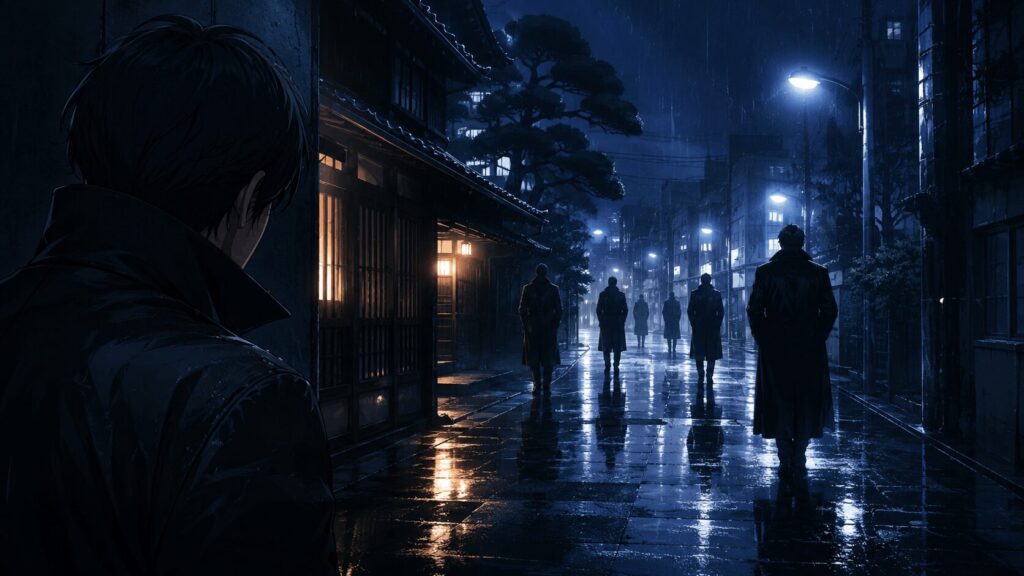 名探偵コナンの黒の組織の重要回を連想させる雨の夜の路地