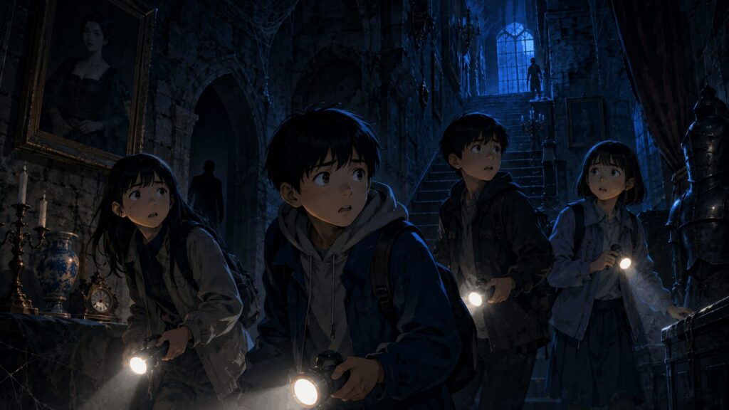夜の古城を懐中電灯で探索する日本人の子どもたちと背後に潜む黒い影