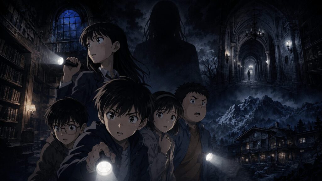 名探偵コナンのホラー回アニメを連想させる夜の図書館や古城、山荘と不気味な影