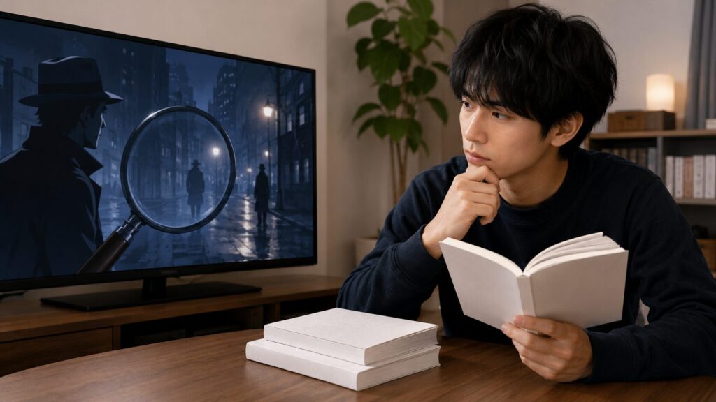 名探偵コナン風の推理アニメを見ながら原作漫画の進行巻数を確認する日本人男性