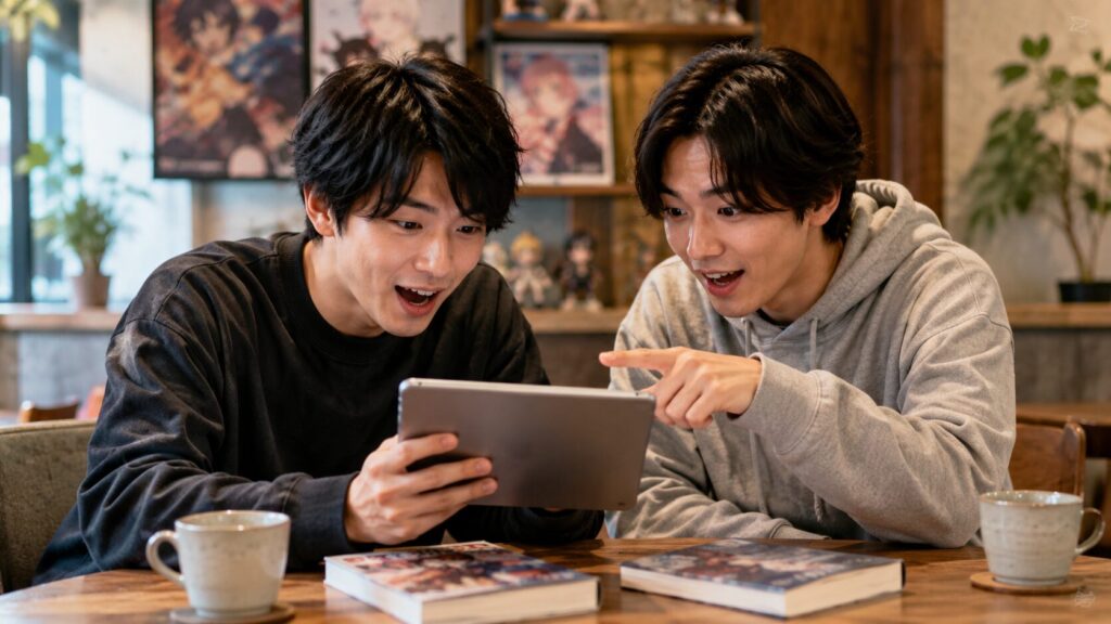 カフェでアニメと原作について語る日本人男性二人