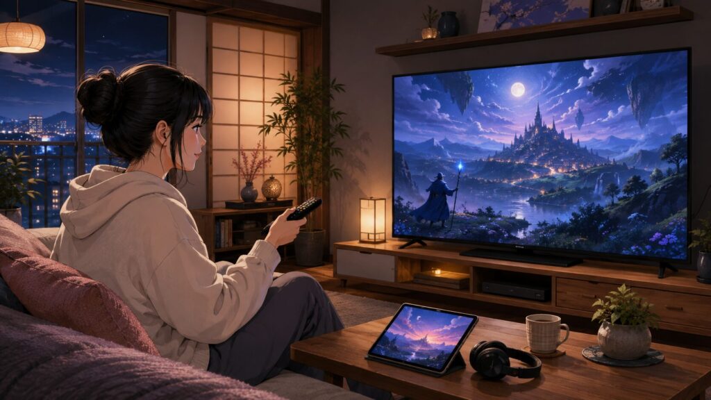 アニメ異世界おじさんをどこで見れるか調べながら自宅のテレビでファンタジー作品を視聴する日本人女性