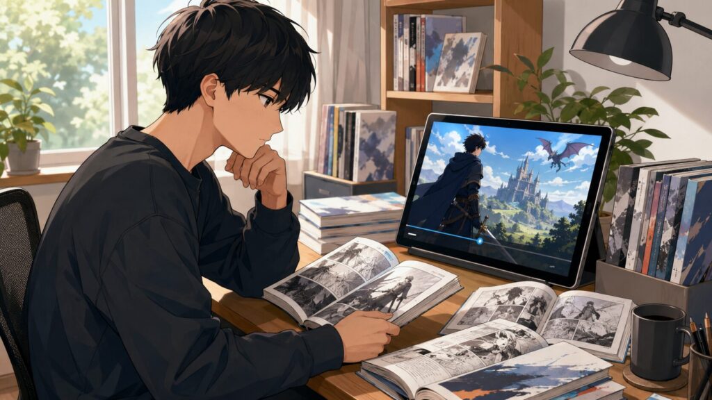 アニメ異世界おじさんの続きが原作漫画のどこから読めるか確認する日本人男性
