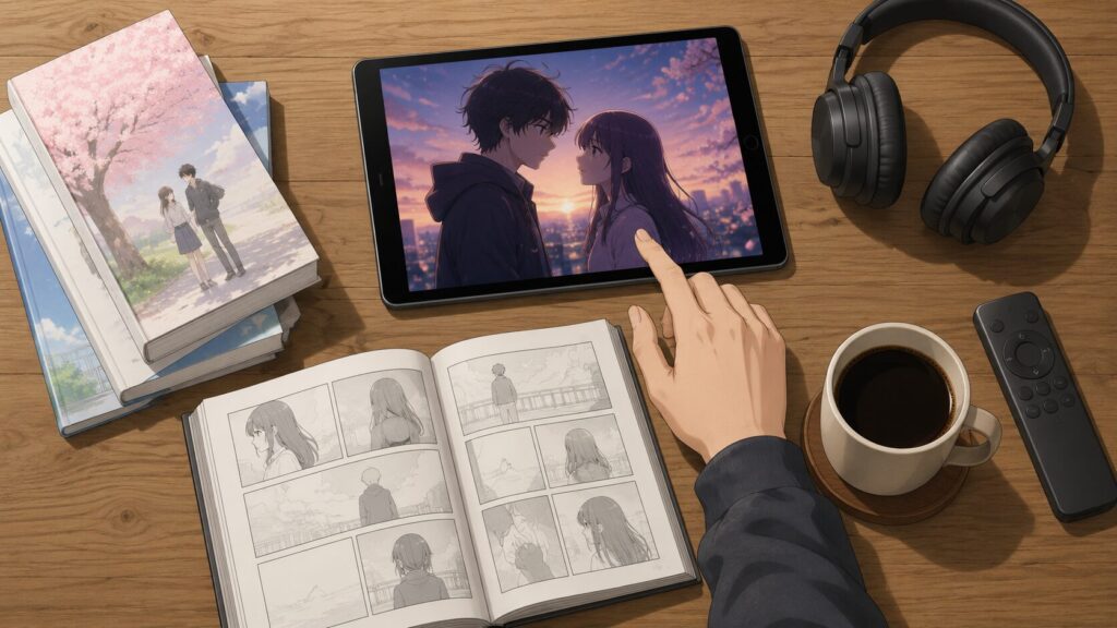 彼女お借りしますのアニメ視聴と原作漫画の続きを確認するためのタブレットと漫画本