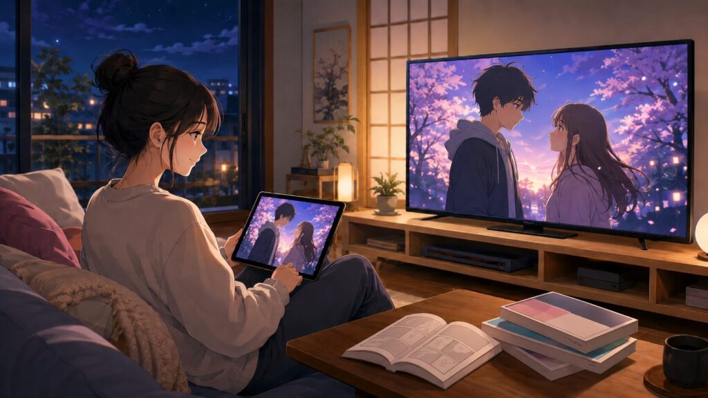 彼女お借りしますのアニメが原作何巻まで進んだかを漫画と画面で確認する様子