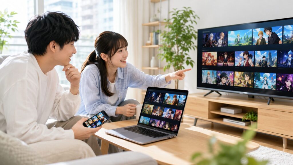 複数デバイスで彼女お借りします風のアニメ配信サービスを選ぶ日本人の男女