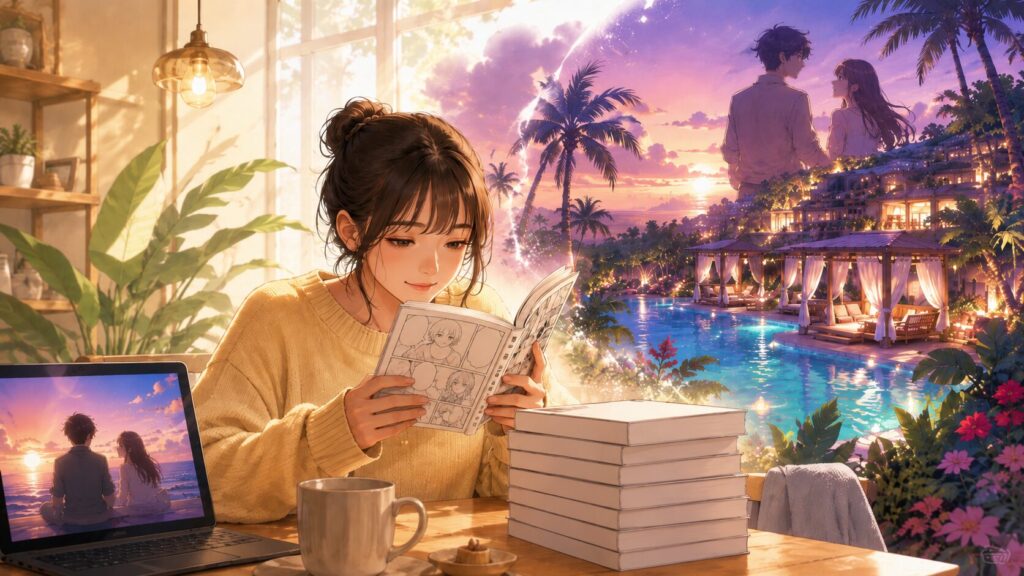 彼女お借りしますのアニメ視聴後に原作漫画の続きを読む女性とリゾート風の情景