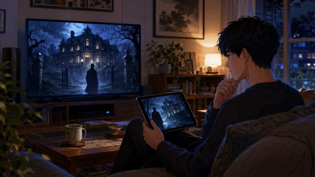 金田一少年の事件簿のようなミステリーアニメをテレビとタブレットで視聴する男性のイメージ