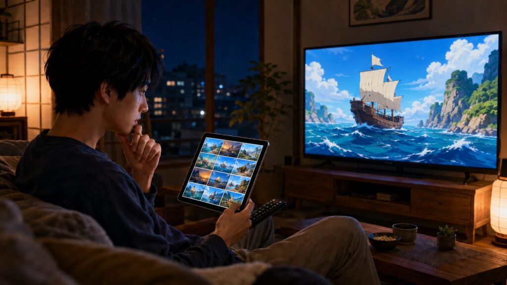 ワンピースのアニメオリジナルを本編と見比べながら選ぶ日本人男性の視聴イメージ