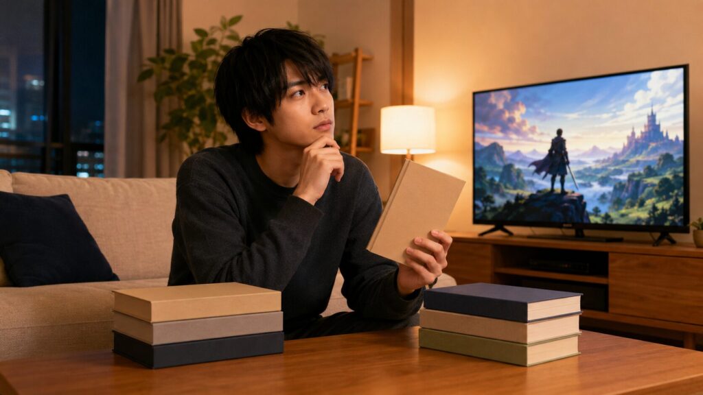 日本人男性がリビングで迫力あるアニメ映像に熱中し、アニメならではの演出を楽しんでいる様子