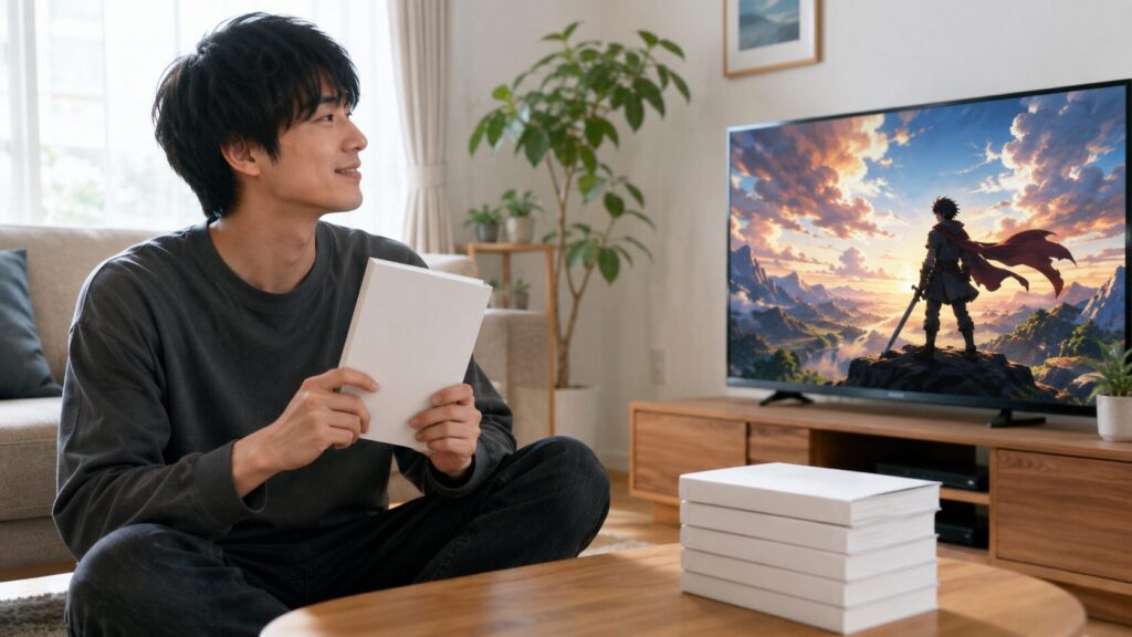 漫画とアニメを両方楽しむ日本人男性が、リビングで原作と映像作品を使い分けている様子