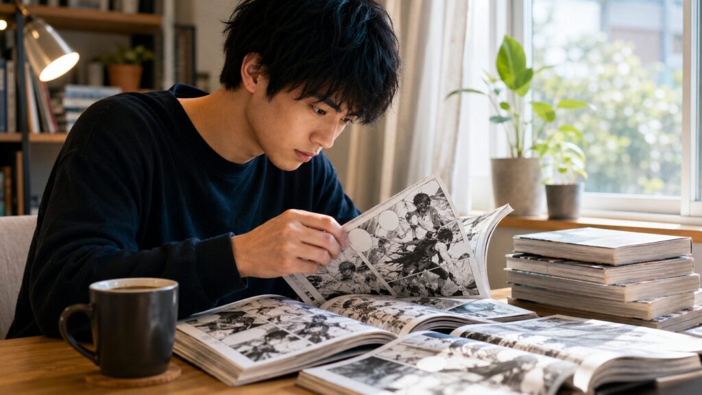 ワンピースをアニメで見るか漫画で読むか迷う日本人男性が、リビングで本とテレビを見比べている様子