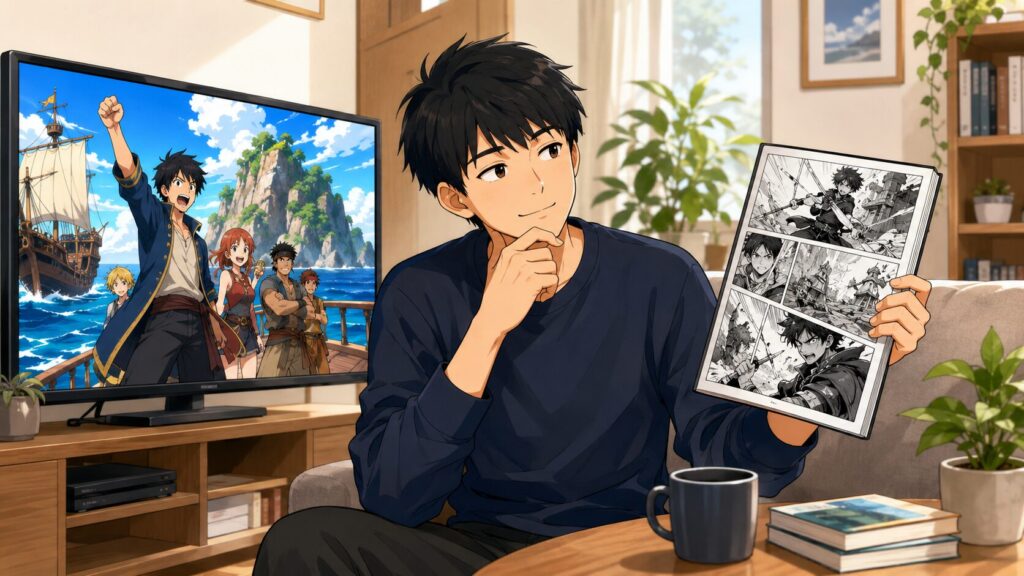 ワンピースアニメと原作漫画を見比べて効率よく本筋を追う日本人男性