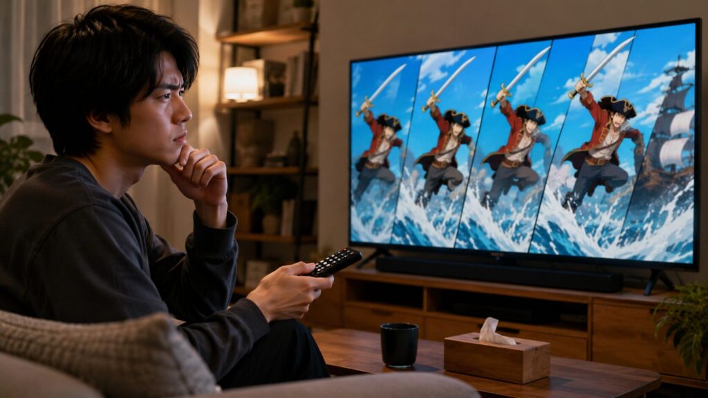 ワンピースアニメの引き伸ばしや同じ場面の繰り返しに戸惑いながら視聴する日本人男性
