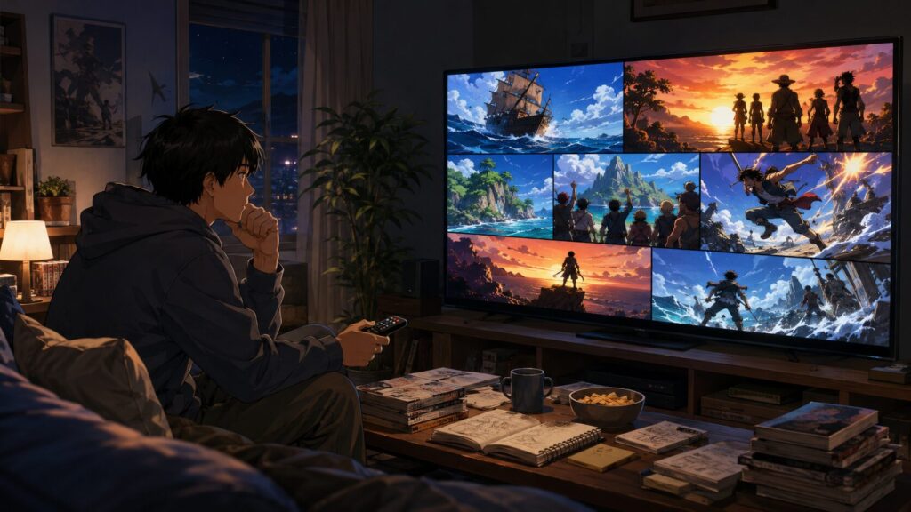 長いワンピースアニメの視聴回を整理しながら、見なくていい話を判断する日本人男性