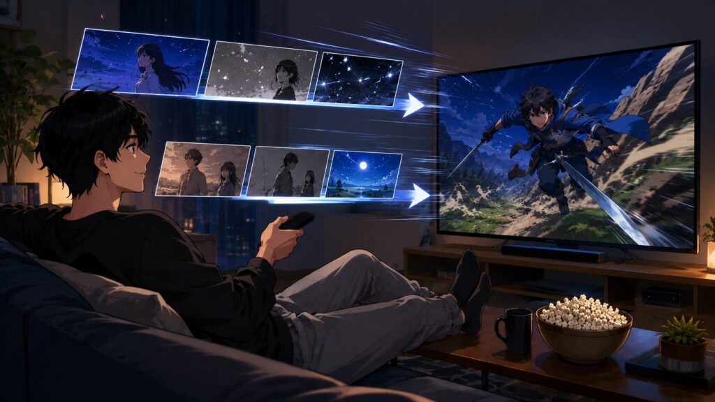 アニメの名場面をスキップや倍速再生で効率よく視聴する日本人男性