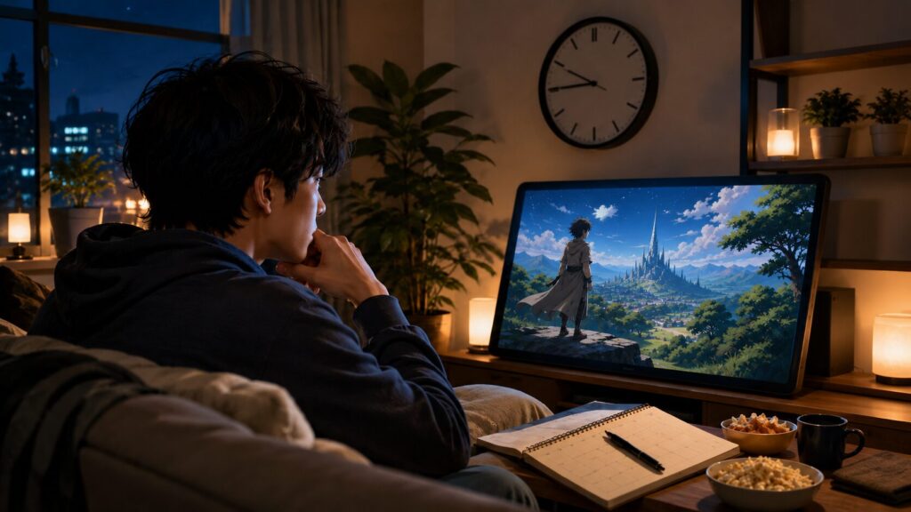ワンピースのアニメ全話に必要な時間を考えながら夜に視聴計画を立てる日本人男性