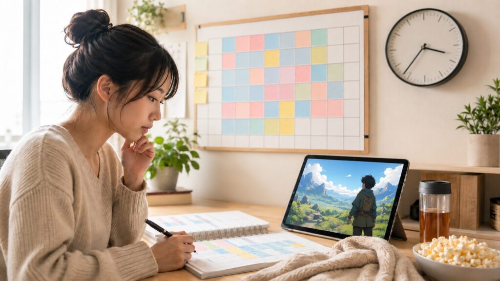 ワンピースのアニメを何日で見終えるか予定表に書き込みながら計画する日本人女性
