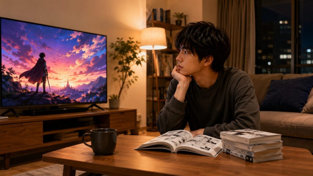 日本人男性が明るい部屋で漫画を読み、ワンピースを原作で楽しむメリットをイメージした画像