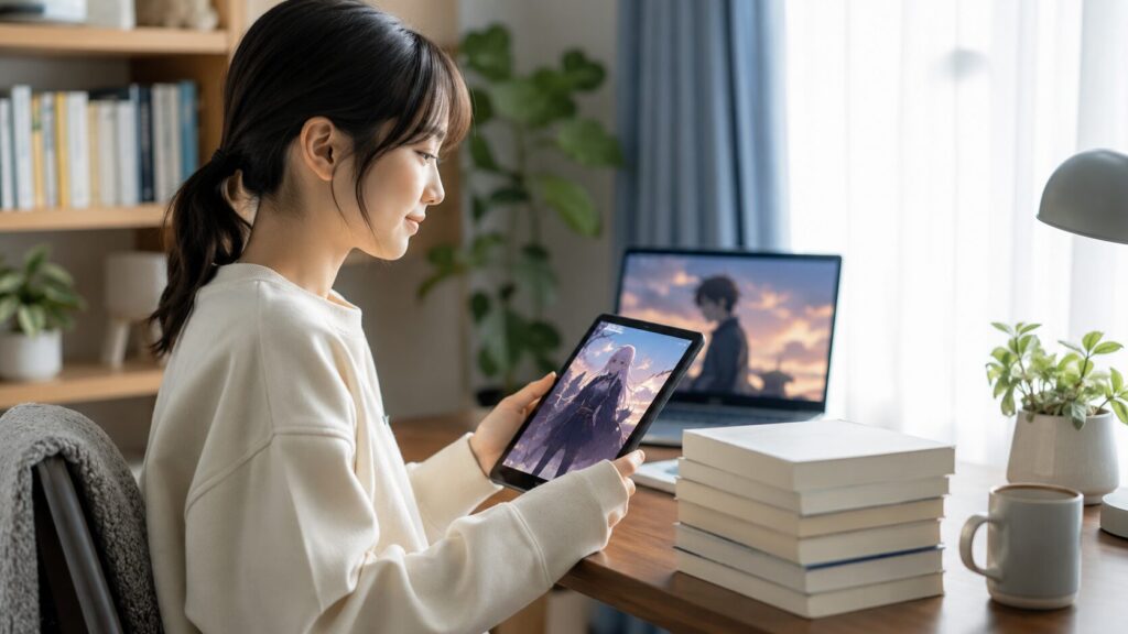 タブレットで原作小説を読む日本人女性と電子書籍のイメージ