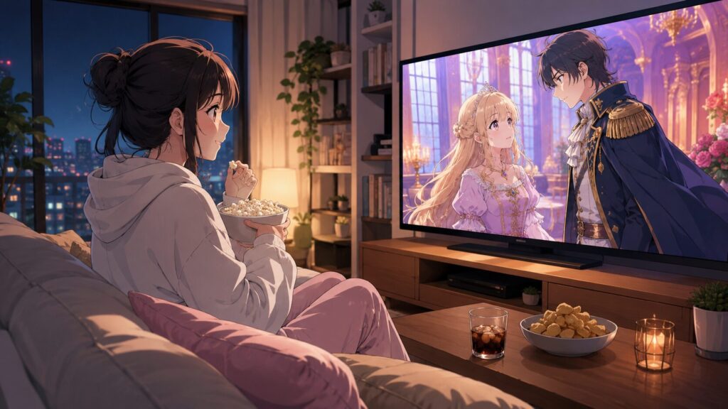アニメ歴史に残る悪女になるぞを自宅のテレビで視聴する日本人女性