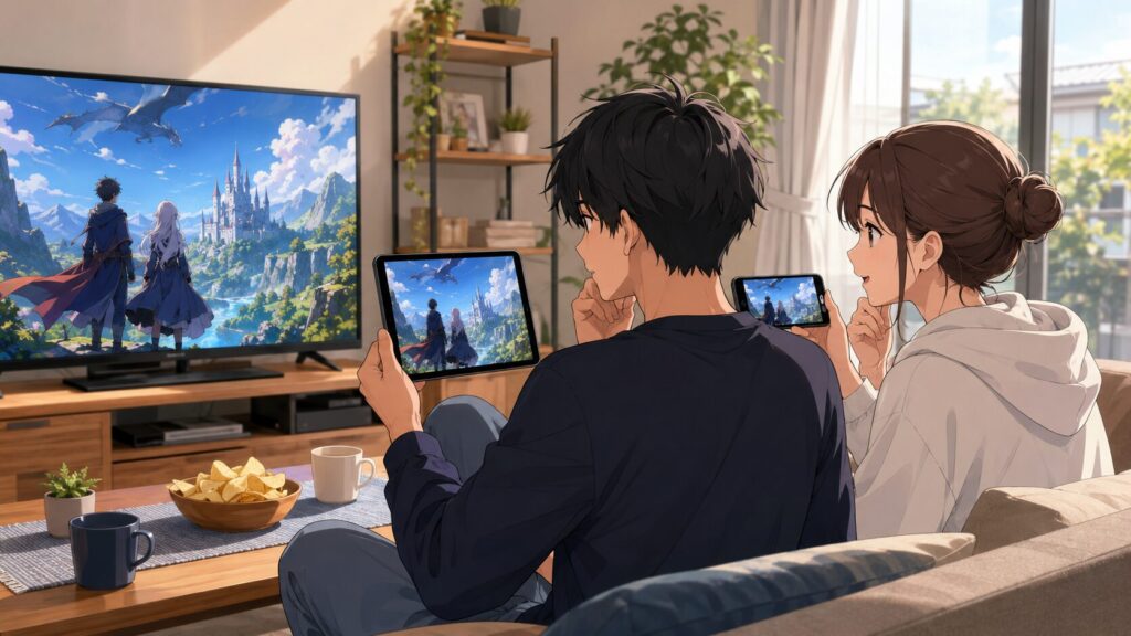 アニメ歴史に残る悪女になるぞを複数端末で視聴方法を確認する日本人男女