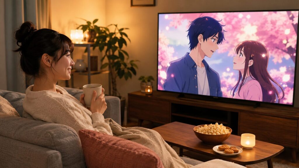 リビングでアニメを楽しむ日本人女性と動画配信の視聴イメージ