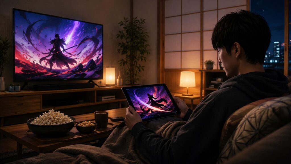 夜の自宅でタブレットとテレビを使ってアニメを視聴する日本人男性