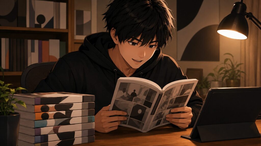 デスクで漫画を読む日本人男性と積まれた漫画本のアニメ風イラスト