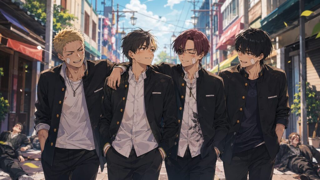 戦いの後に街を歩く日本人男子高校生たちの友情を描いたアニメ風イラスト