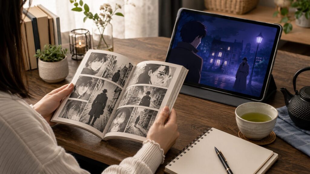 灰原哀のアニメ登場回と原作漫画の対応巻を見比べる女性