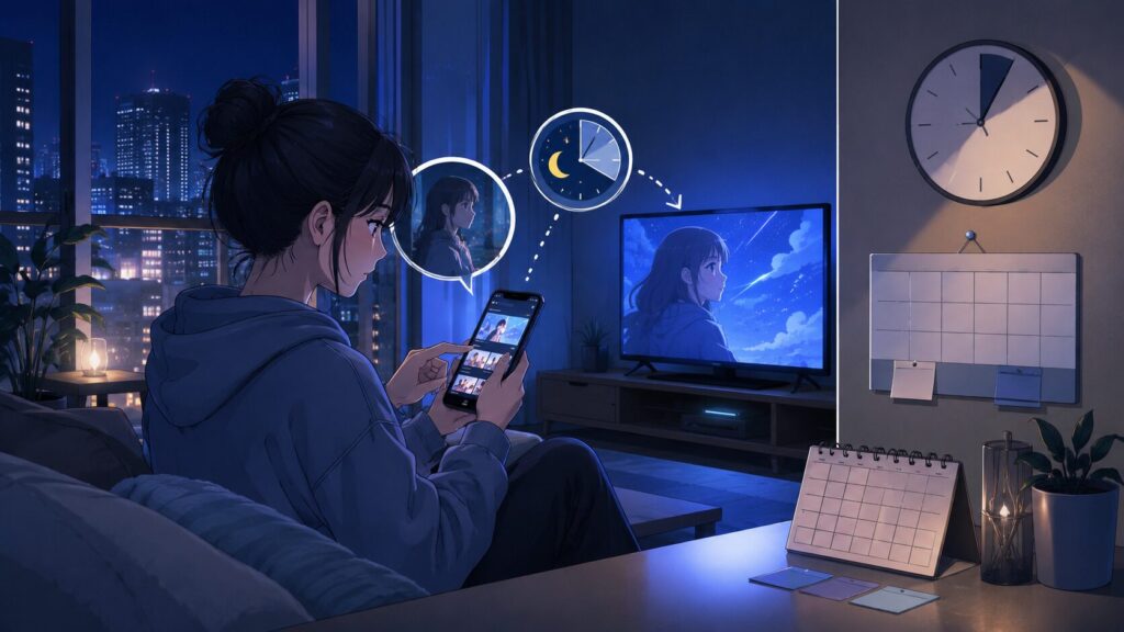 スマートフォンで深夜アニメの放送時間と見逃し配信を確認する女性