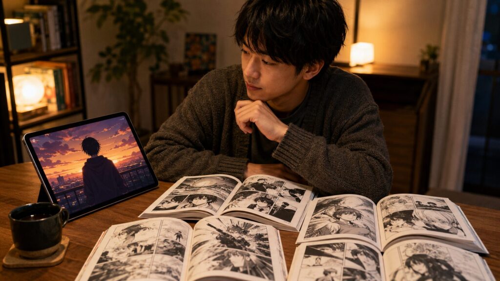 予習アニメを見た後に原作漫画で人物関係を確認する男性