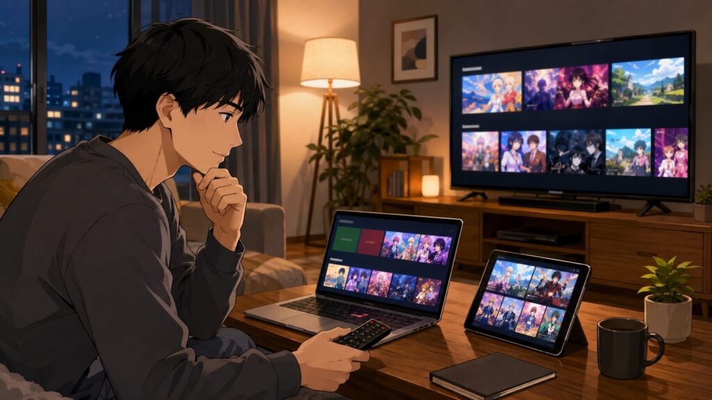 複数端末でアニメの動画配信サービスを比較する日本人男性