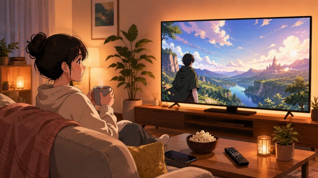 自宅のテレビでアニメをくつろいで視聴する日本人女性