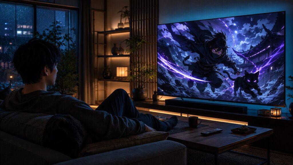 BLACK TORCHのアニメを夜のリビングで視聴する日本人男性