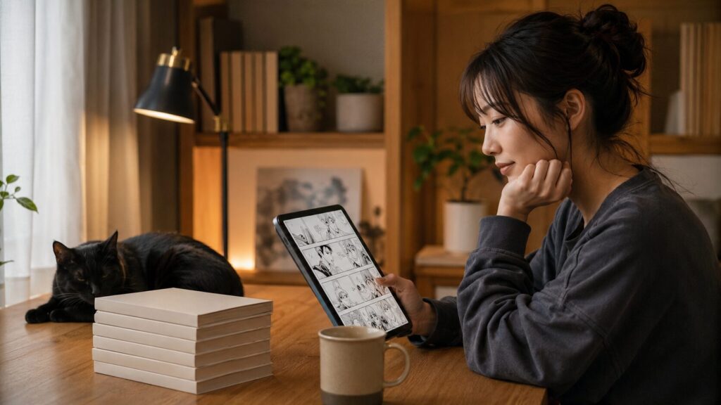 BLACK TORCHの原作漫画をタブレットで読む日本人女性と黒猫