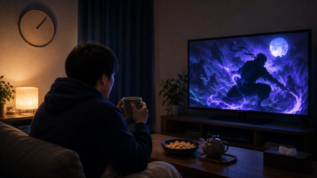 BLACK TORCHのテレビ放送を夜のリビングで視聴する日本人男性