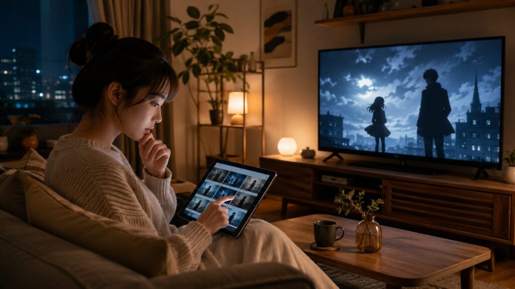 名探偵コナンの灰原哀登場回をタブレットで探す女性