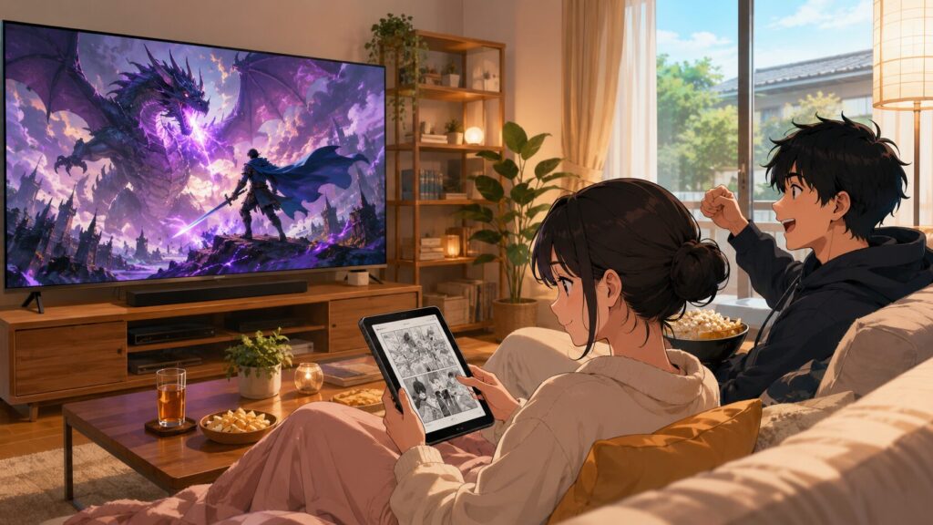 DMM TVでアニメを見ながらDMMブックスで原作漫画を読むイメージ