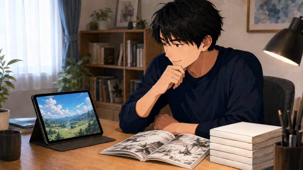 ハンターハンターアニメの続きを漫画で読むために、タブレットと単行本を確認する男性
