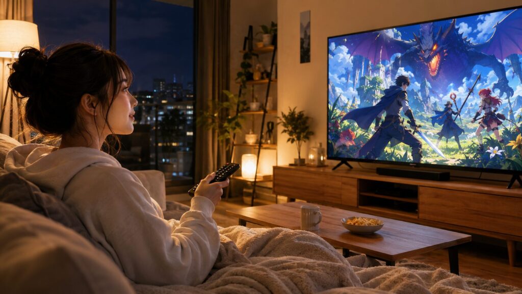 ハンターハンターのアニメを自宅テレビで視聴しながら、どこで見れるか確認する女性