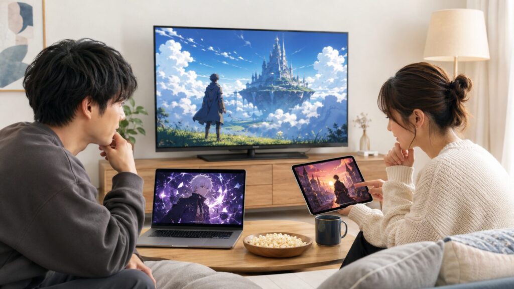 ハンターハンターアニメをどこで見れるか、テレビやタブレットで配信先を比較する男女