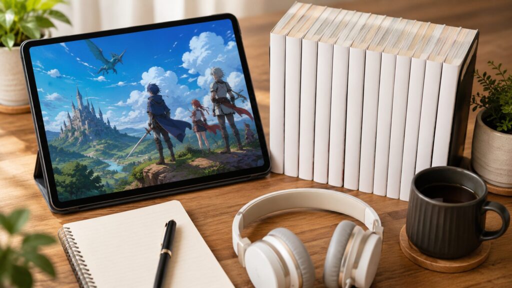 ハンターハンターアニメ視聴後に原作漫画を読む流れを表すタブレットと単行本のデスク