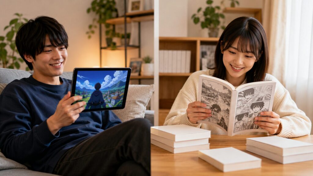 アニメ配信と原作漫画をそれぞれ楽しむ日本人の男女