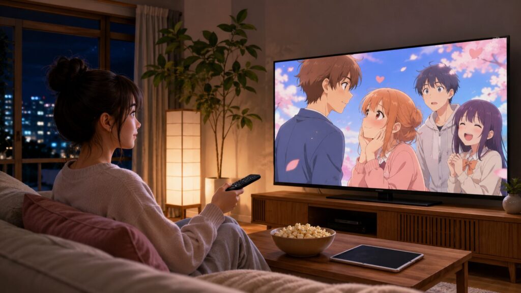 自宅のテレビで恋愛コメディアニメを視聴する日本人女性