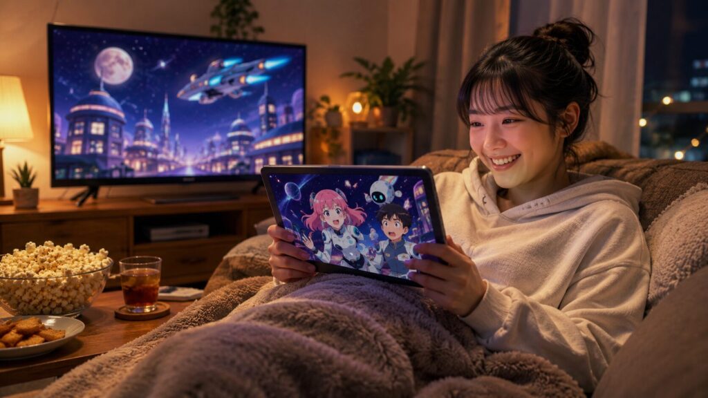DMM TVでケロロ軍曹のアニメを楽しむ日本人女性